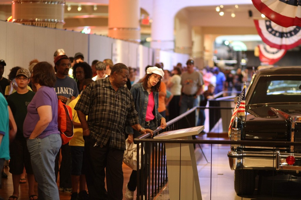 Guests looking at Reagan car during EP line wait - photo by Bob Brodbeck