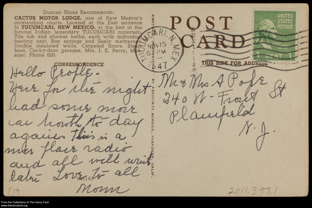 Tourist Court postcard back - 1947 from the Collections at The Henry Ford Tourist Court postcard back - 1947 from the Collections at The Henry Ford