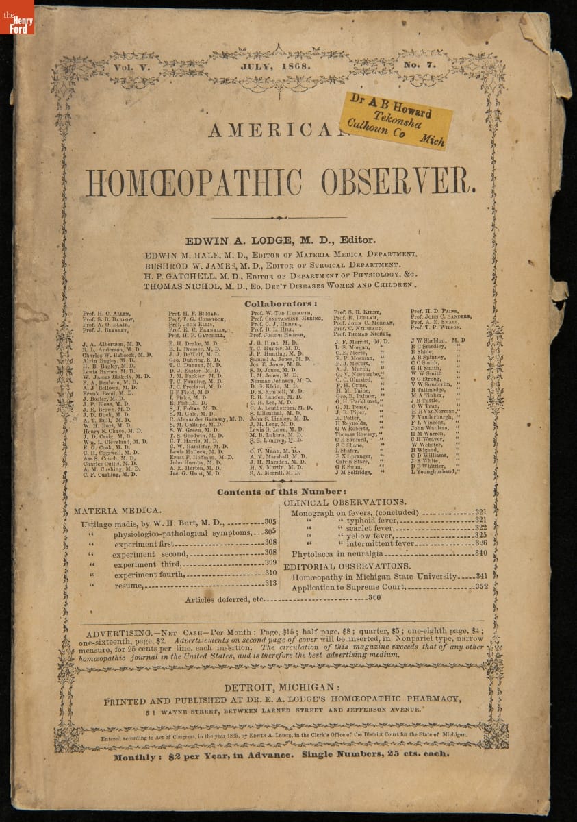 American Homeopathic Observer, Vol. V, No. 7, July 1868 / front Journal cover containing text