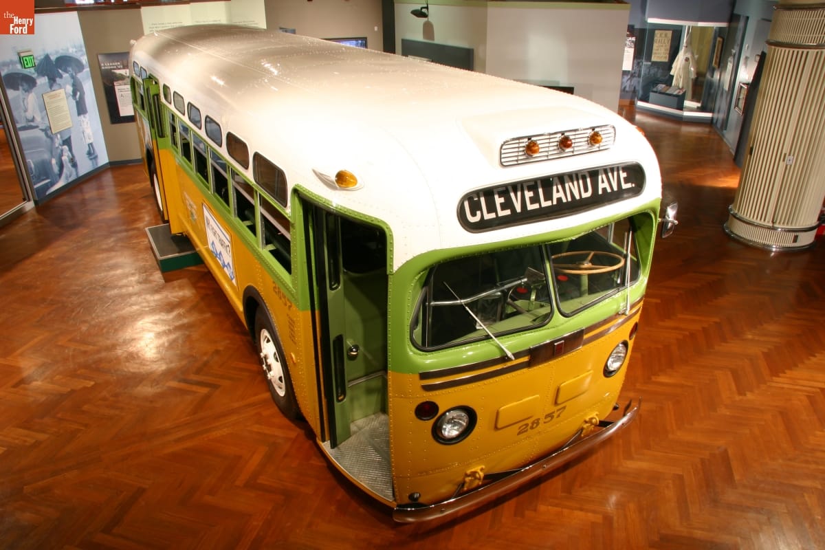 Rosa Parks Bus Yellow and lime green bus with white roof