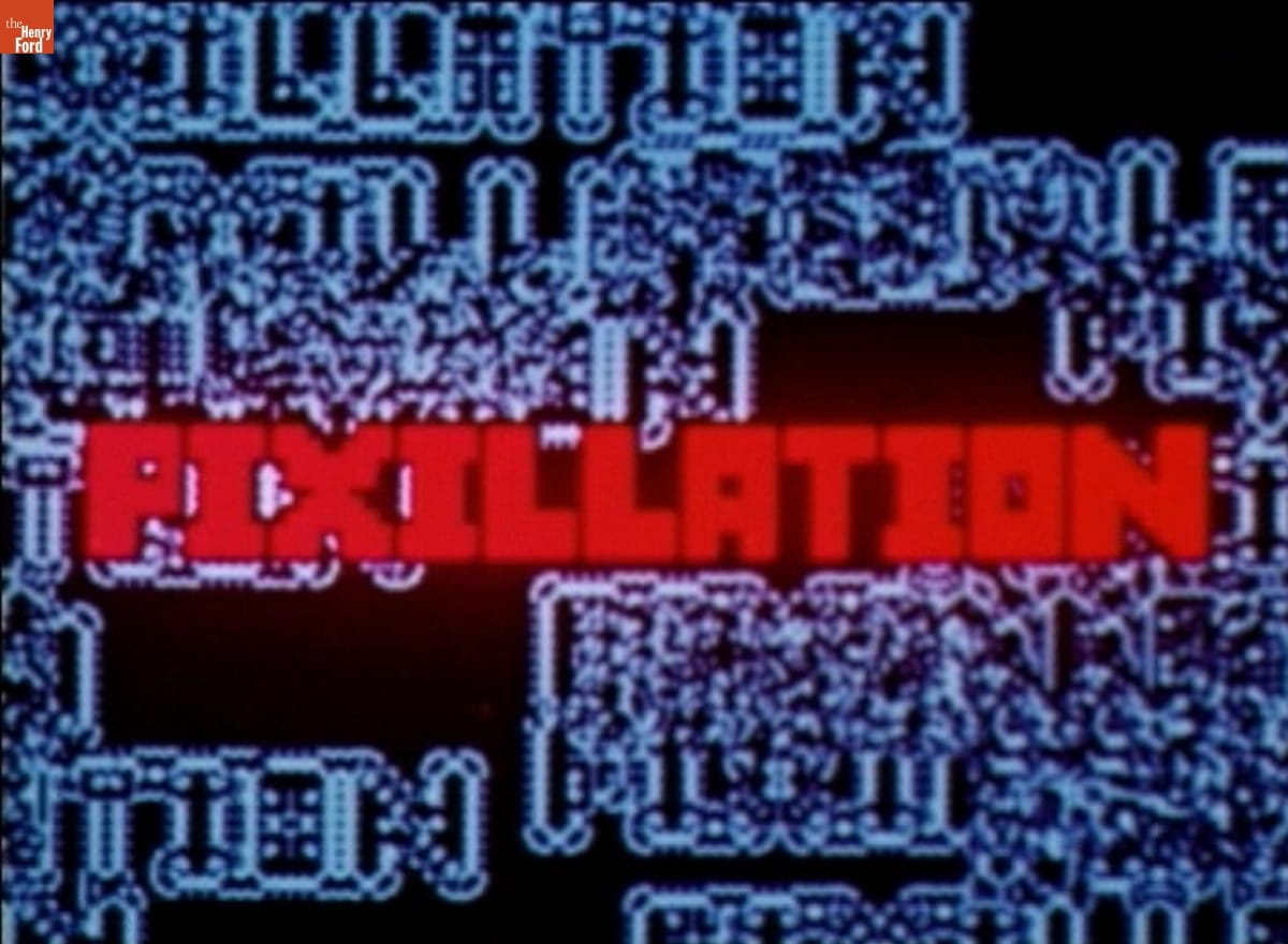 “Pixillation" title screenshot Thick red text reading "PIXILLATION" over black background with blue digital pattern