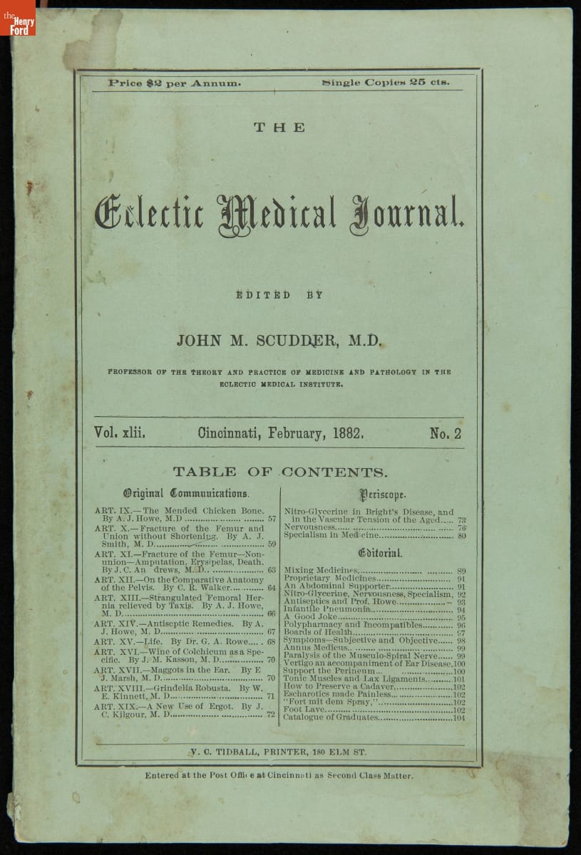 The Eclectic Medical Journal, Vol. XIII, No. 2, February 1882 / front cover Page with text