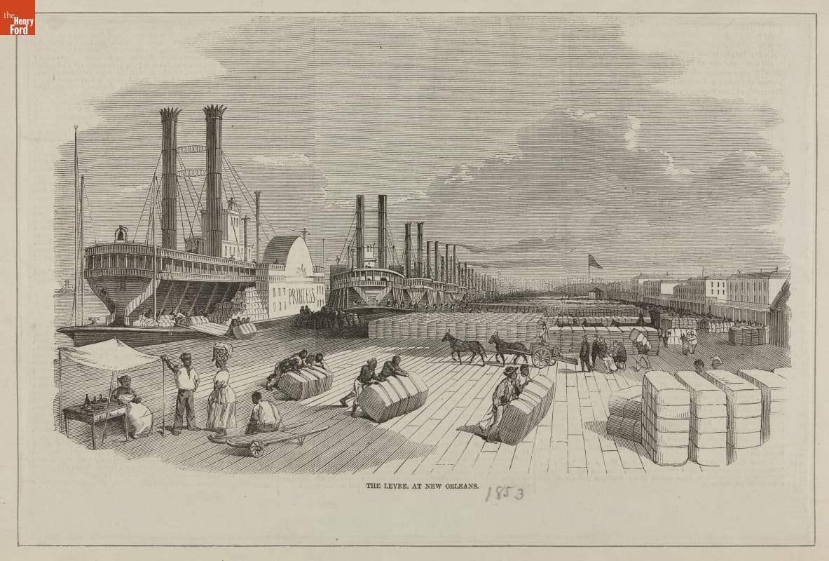 Wood Engraving, "The Levee at New Orleans," 1853 Print depicting large wooden dock filled with bales of cotton, with many steamships docked