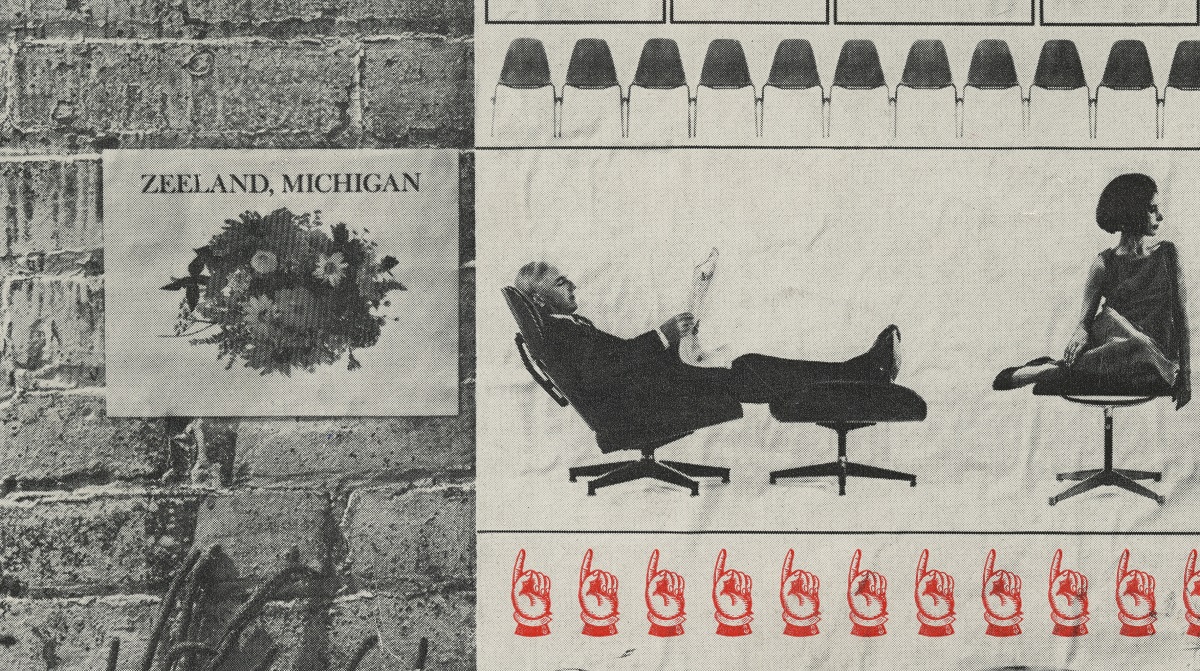 Herman Miller Advertisement, "Beware of Imitations," December 1963 / detail Black-and-white image of flowers and text "ZEELAND, MICHIGAN" against brick wall on left; on right images of people and chairs and red pointing finger icons