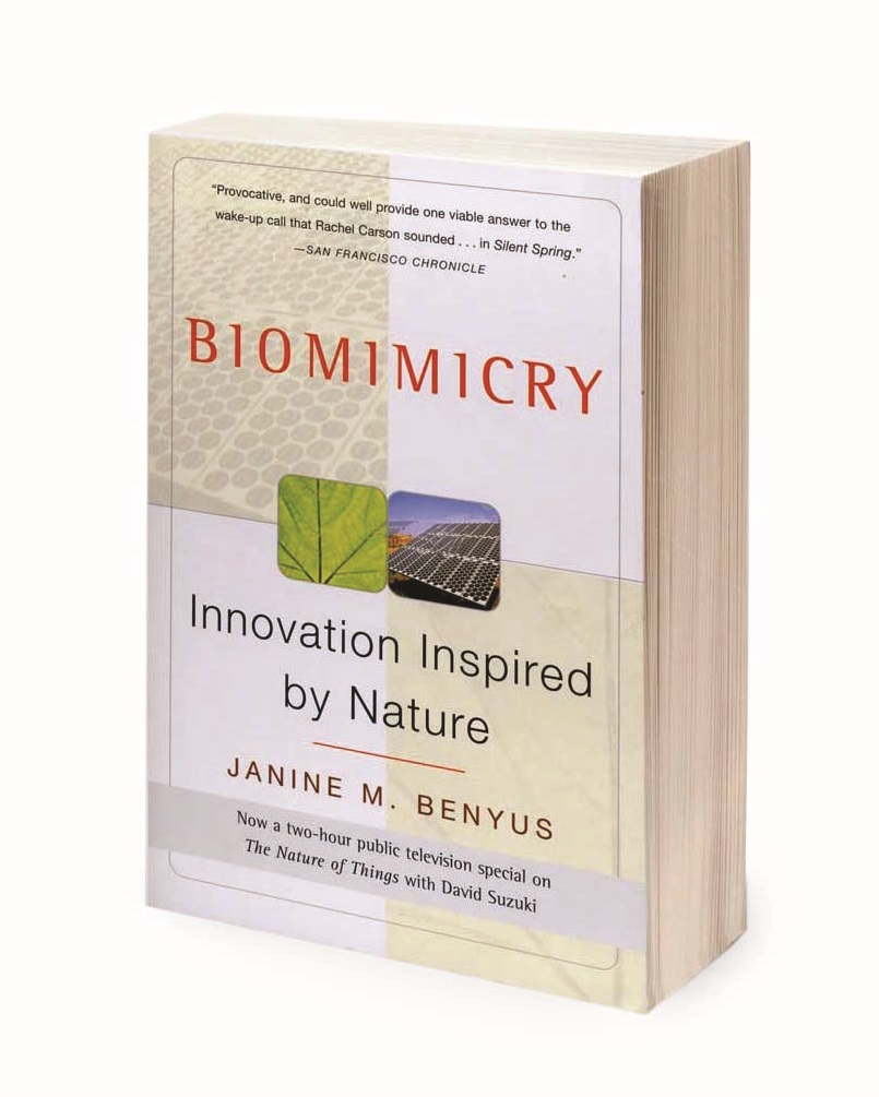 Biomimicry: Innovation Inspired by Nature by Janine M. Benyus book standing on end with text, images, and decorative elements on cover