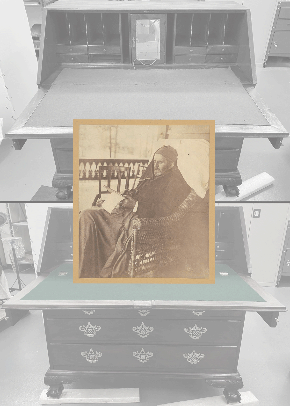 Background showing a sneak peek of the conservation treatment of Gen. Ulysses S. Grant’s desk.