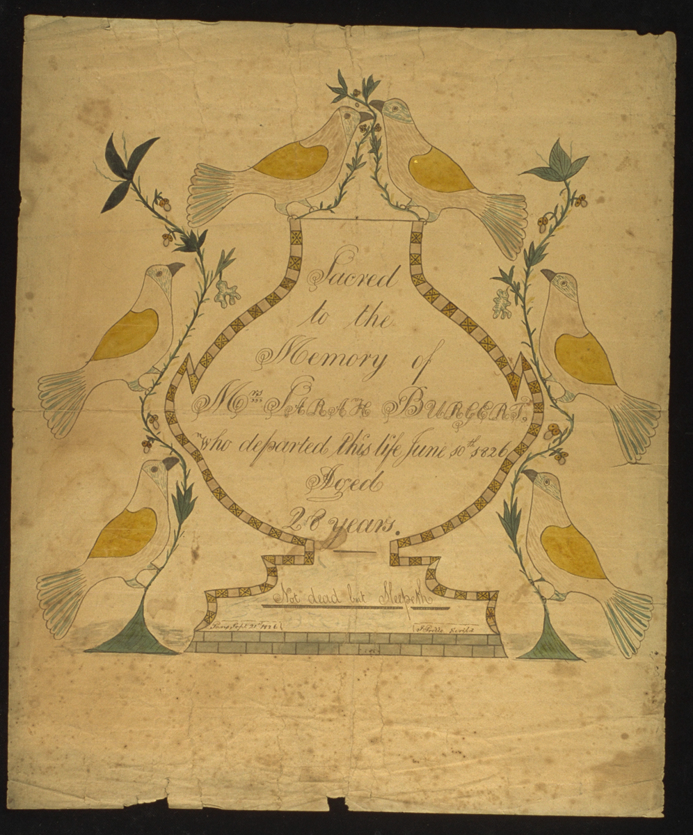 Memorial Painting for Sarah Burgat, 1826 Painting with urn shape containing text, surrounded by six white birds with yellow wings and vines