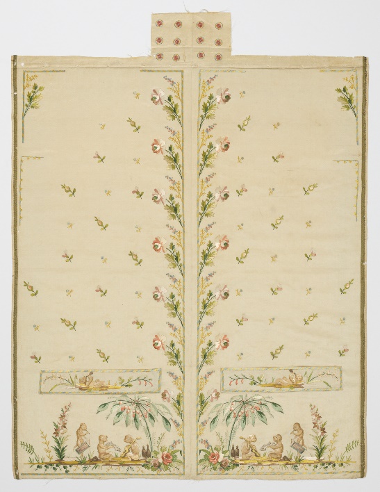Rectangular fabric panel with smaller rectangular extension at top; has floral pattern most elaborate at center and bottom 
