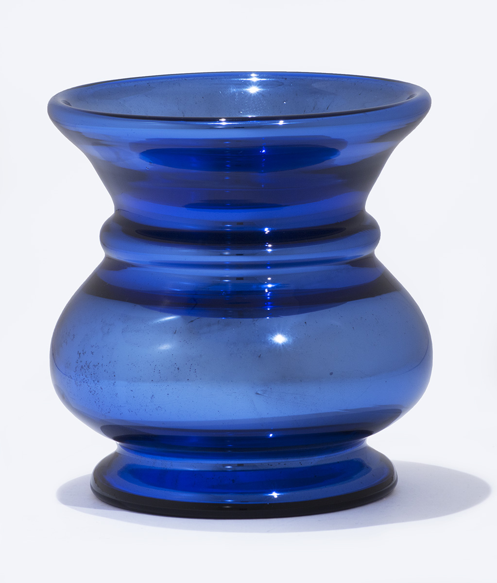 Blue glass spittoon with vase- or urn-like shape