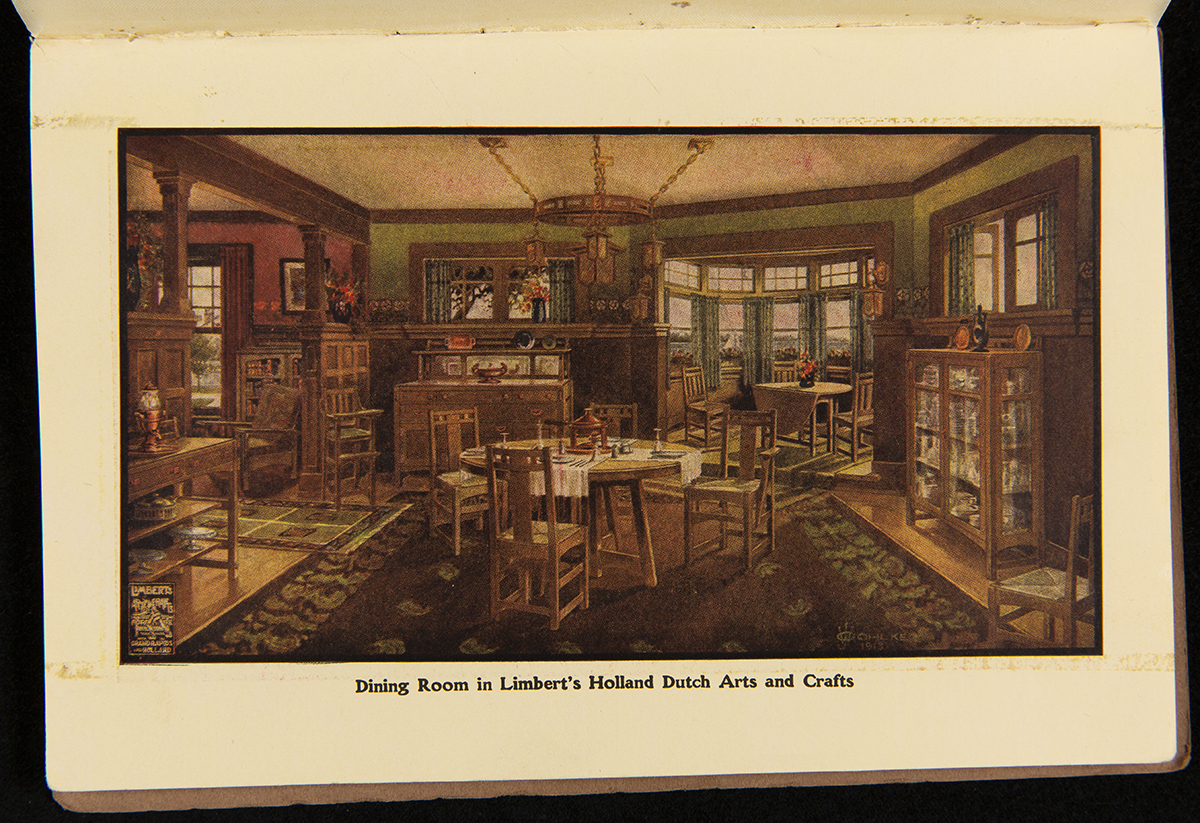 Limberts Holland Dutch Arts and Crafts Furniture, circa 1910 / page 3 Color illustration of dining room very full of furniture and decorative accessories