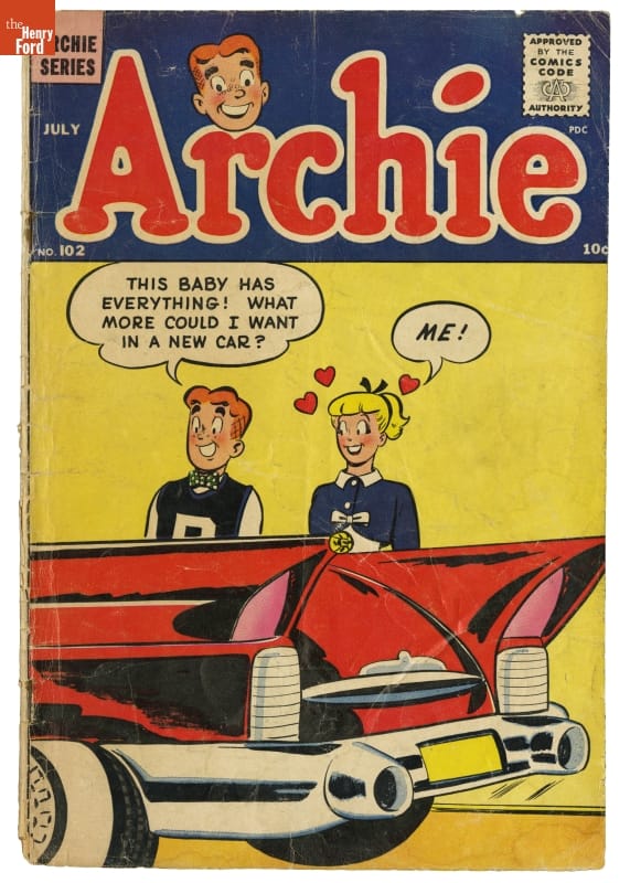 Bright comic book cover with text and image of two teens looking at back end of red car with fins