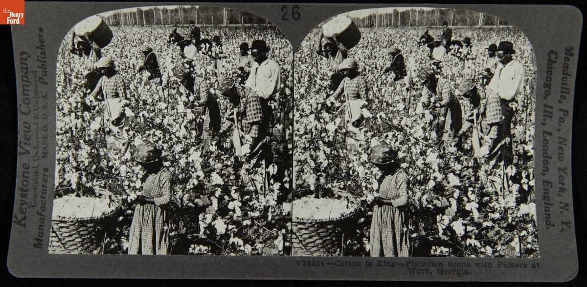 Double photograph of African American people picking cotton in a field as a white overseer on a horse looks on