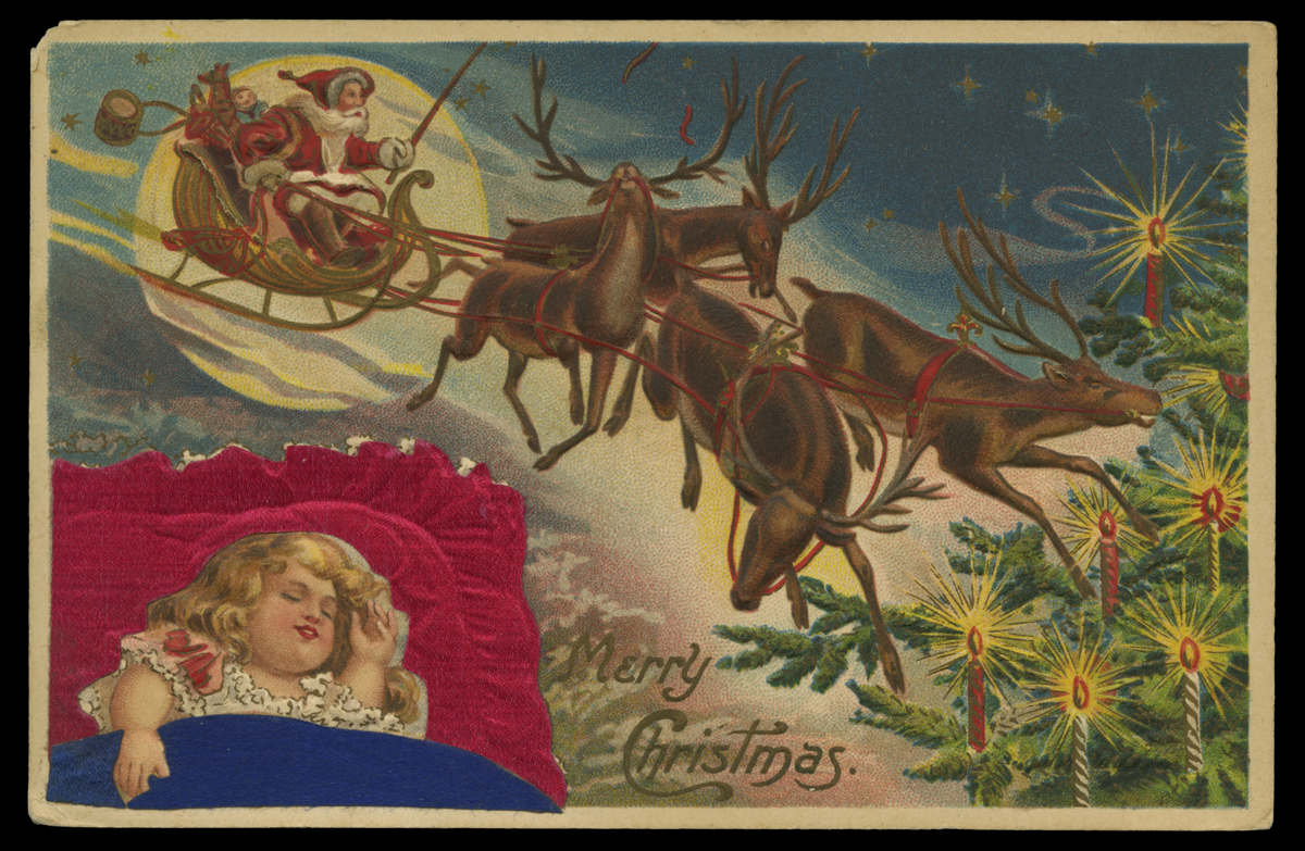 Christmas Greeting Postcard, Santa and Reindeer Dream by Sleeping Child, "Merry Christmas," 1907-1910 Postcard with Santa in sleigh being pulled by four reindeer; also contains a Christmas tree and child sleeping