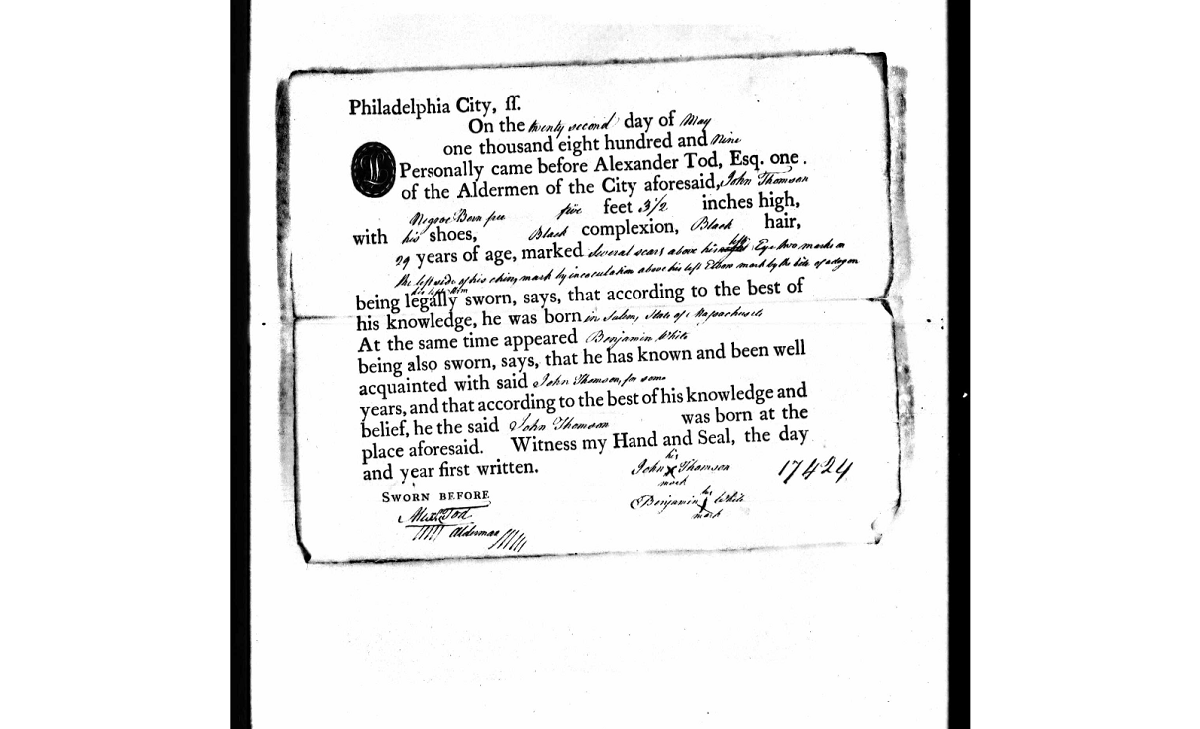John Thomson, Seaman Citizenship Affidavit Reproduction of printed document with handwritten, cursive text