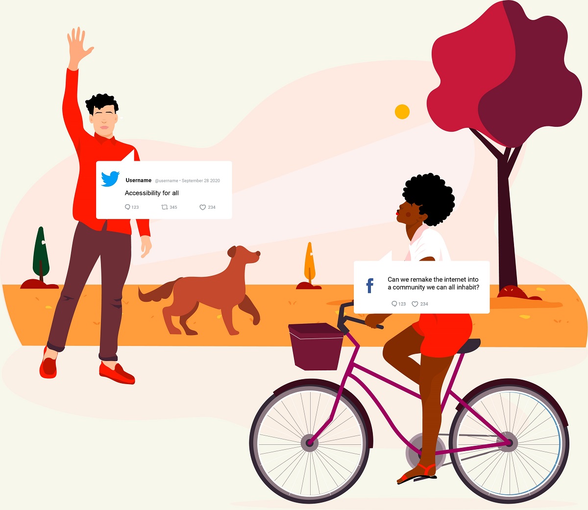 The Internet as a Community for All. Man with dog waves to woman on bike; both have social post-like "speech bubbles" containing text