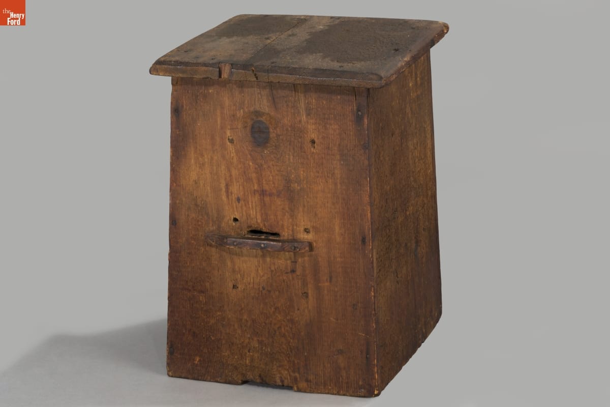 Box Beehive, 1820-1880 Roughly rectangular wooden box with wooden lid on top
