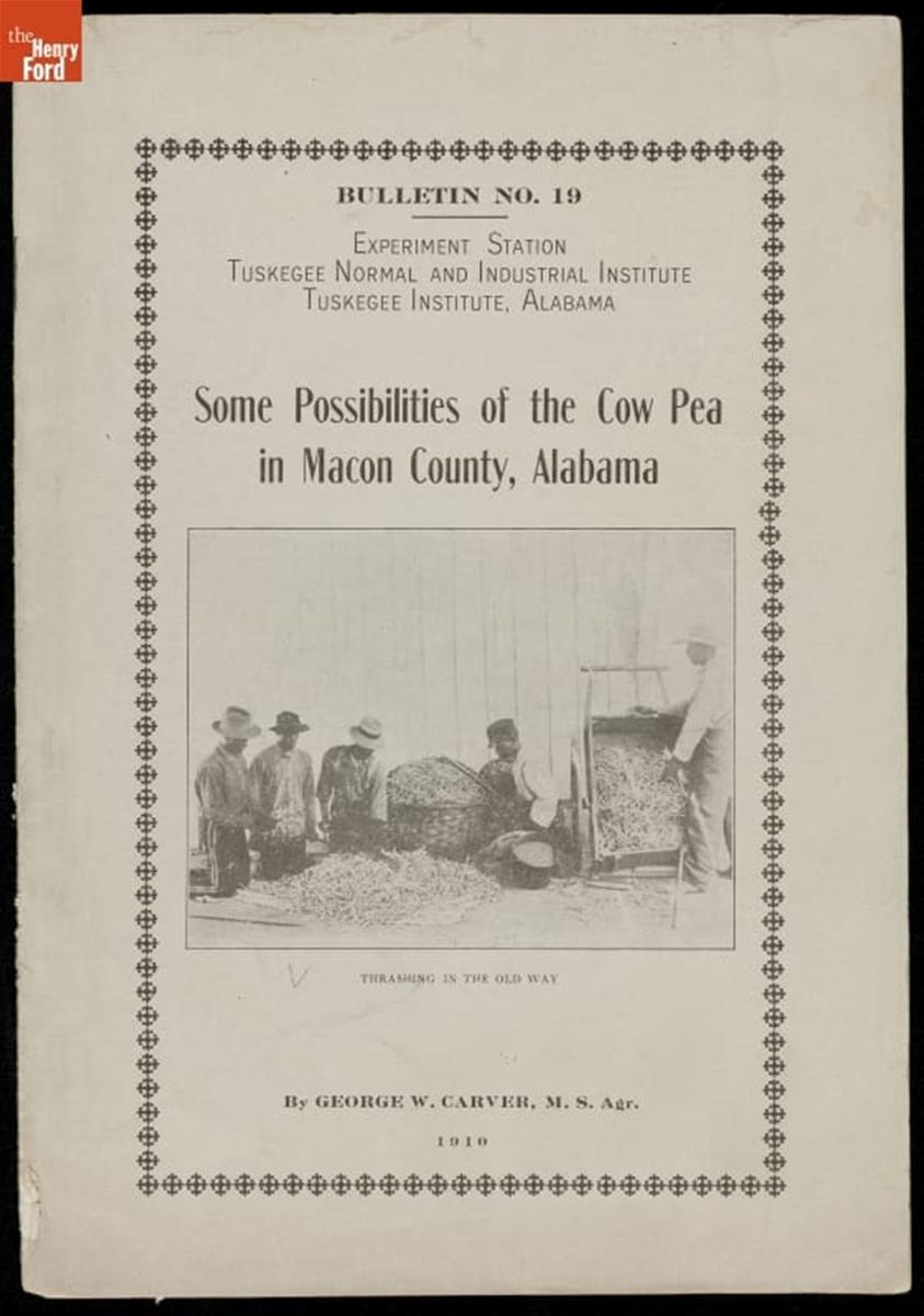 Page with text and photo of men with baskets of peas