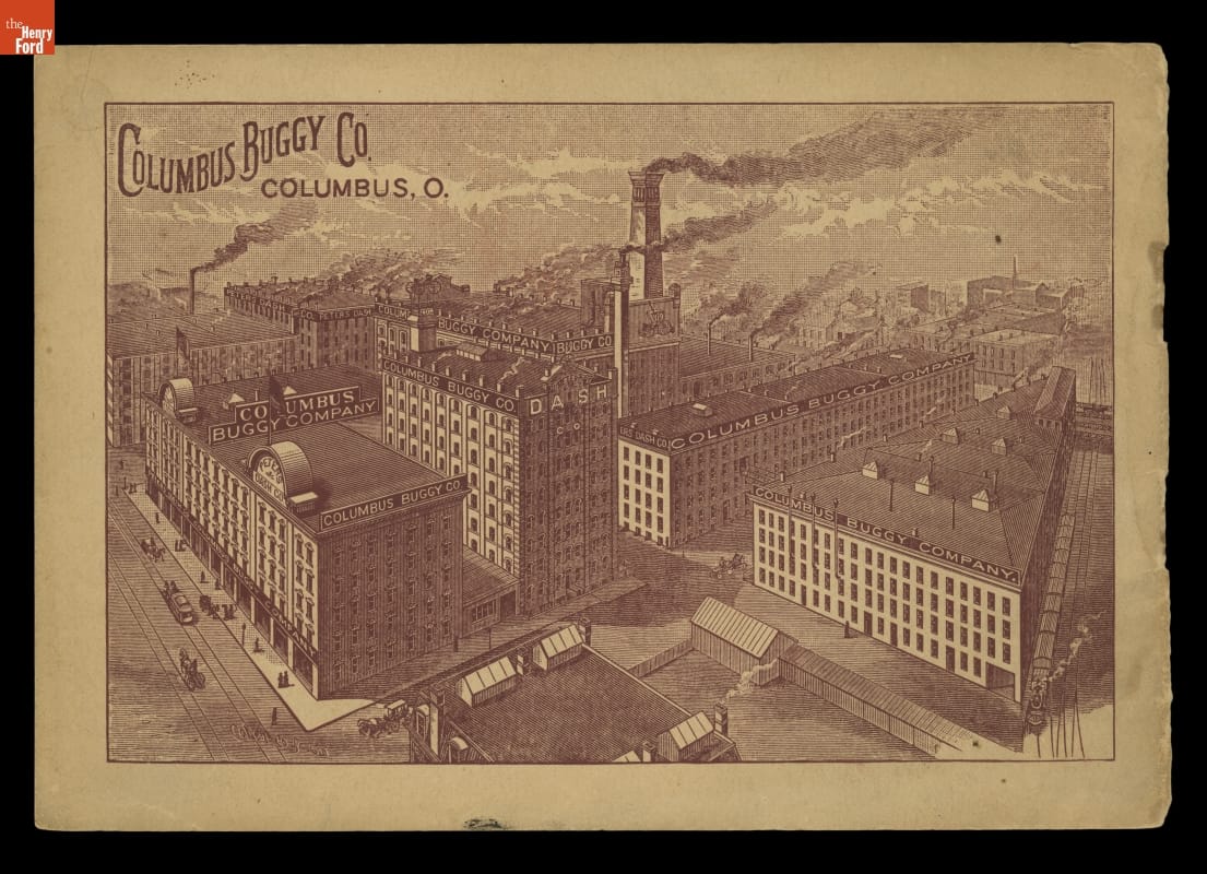 Print of large multi-building factory with smoke coming from many smokestacks; also contains text