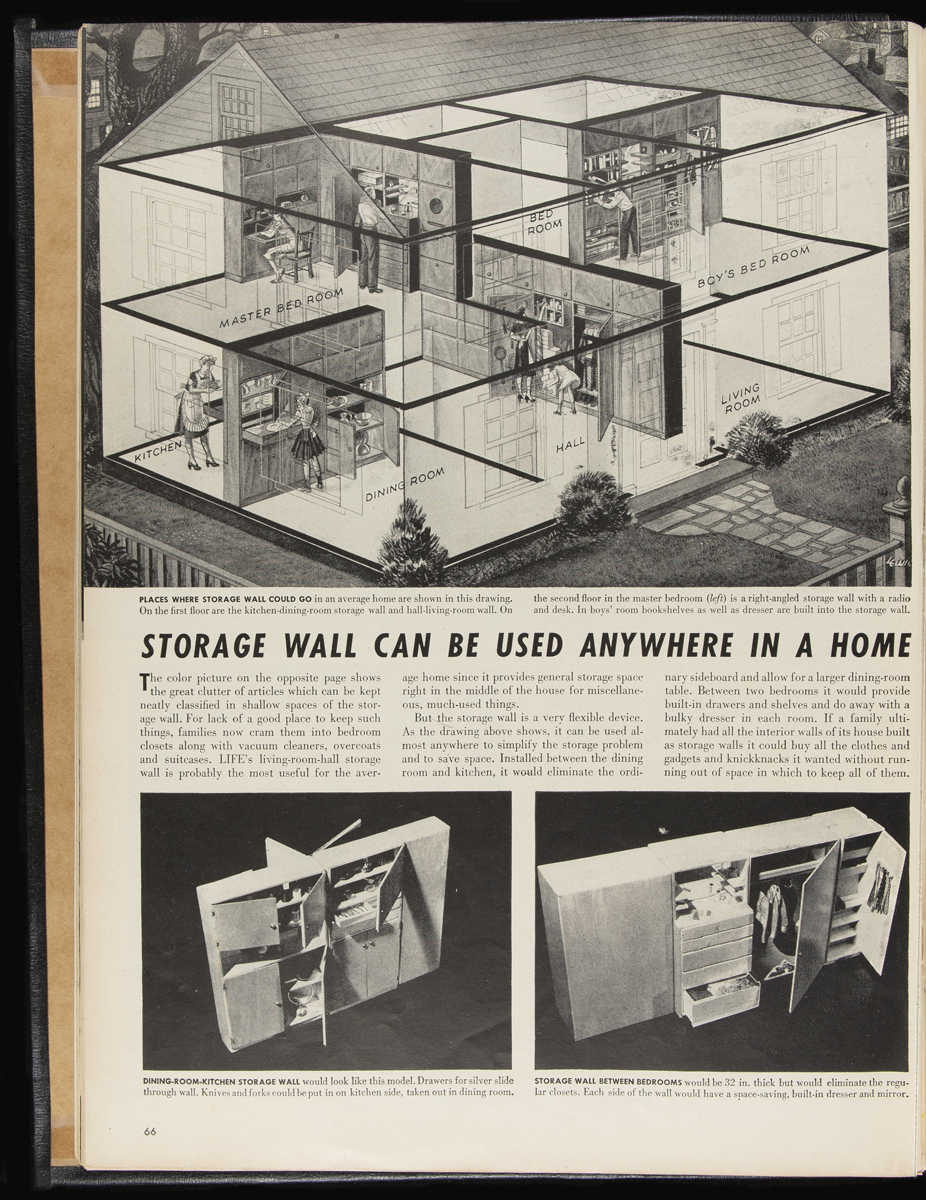 Page with text; illustration of house at top; and two photos of thin storage cabinets at bottom