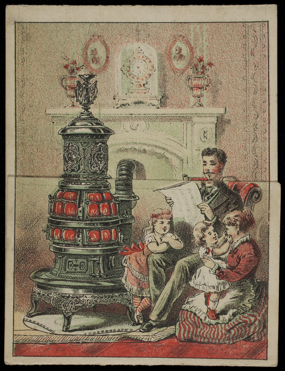 Printed family scene with man reading newspaper in a chair, woman holding little girl at his feet, and another little girl at the other side of his chair, all around a metal heating stove