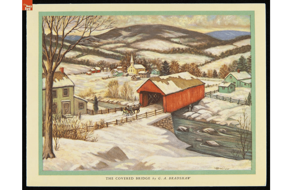 Christmas card, 1949; "Vermont" snow globe, 1960-1975; and Hallmark "Grandparents" Christmas ornament, 1982 GIF cycling through three images--a snowglobe, a postcard, and an ornament--depicting covered bridges