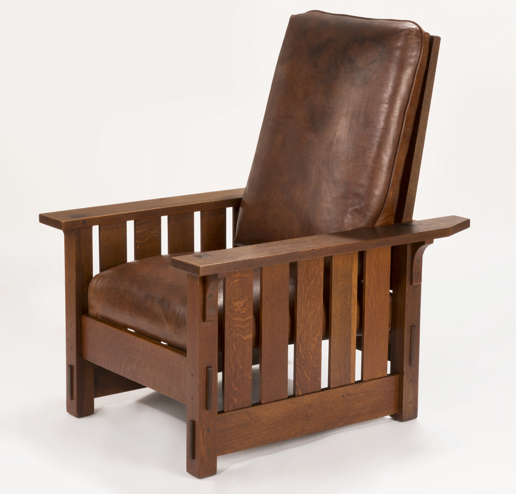Morris Chair, 1912-1916 Chair with brown leather cushions and wooden slats on either side