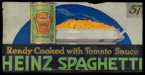 Image of can next to platter holding pasta; also contains text 