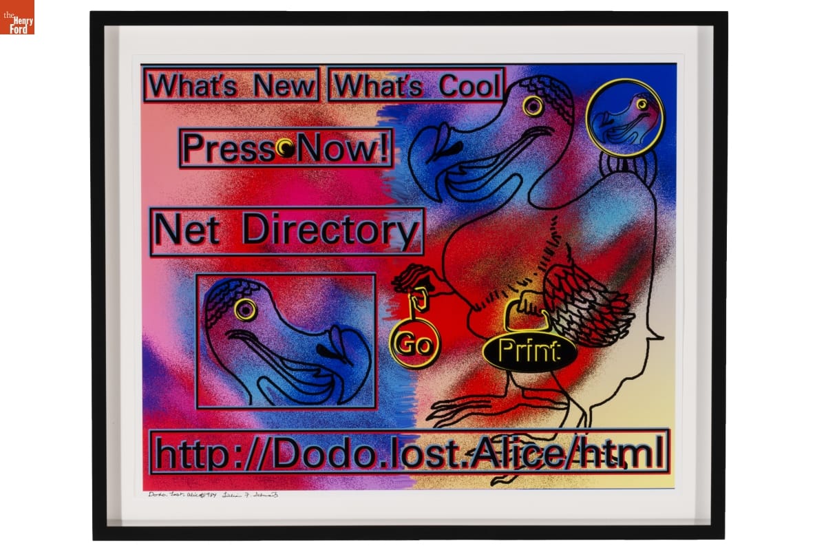 "Dodo.Lost.Alice" by Lillian F. Schwartz, 1984 Framed print with swirling colors, line drawings of a dodo and dodo's face, and text in boxes