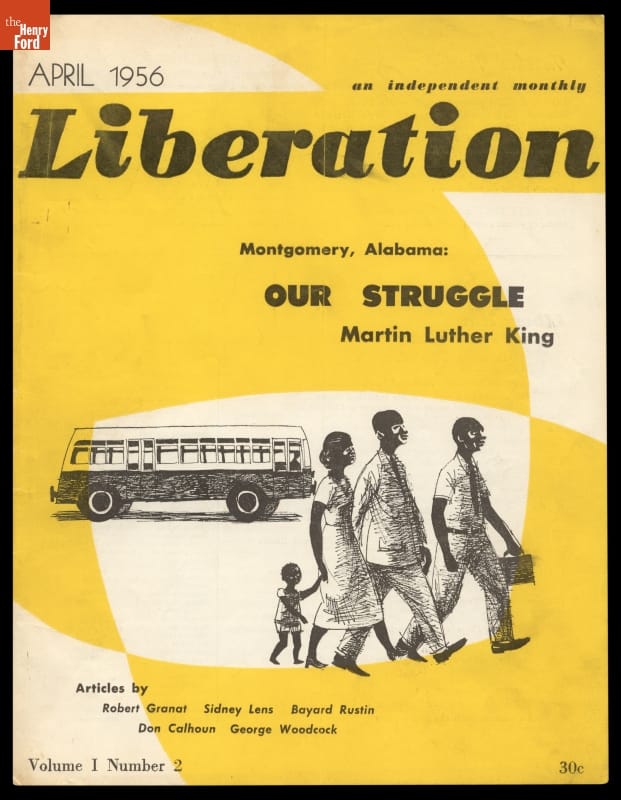 Magazine cover with yellow and white background, text, and image of three adults and one child walking in foreground with bus in background