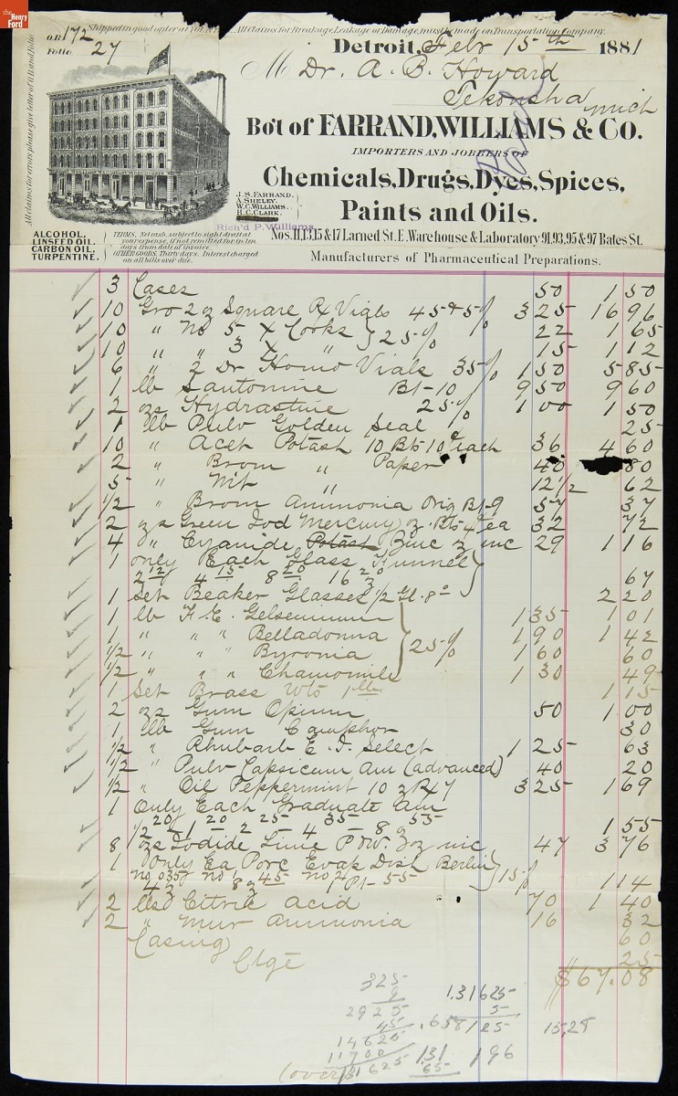 Invoice from Farrand, Williams & Co., February 15, 1881 Handwritten receipt with image of building on letterhead at top and cursive list of items below