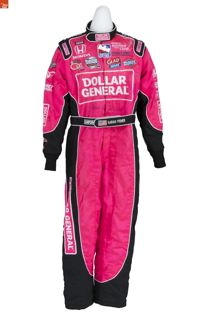 Racing Suit Worn by Sarah Fisher While Competing in the Homestead–Miami Indy 300 Race, 2009 Red jumpsuit with black trim containing text and corporate logos on bodice