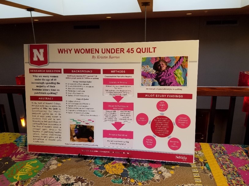 Kristin Barrus’s poster, presented at the American Quilt Study Group Seminar in 2019 Board titled "Why Women Under 45 Quilt," containing text and images, sitting on quilt