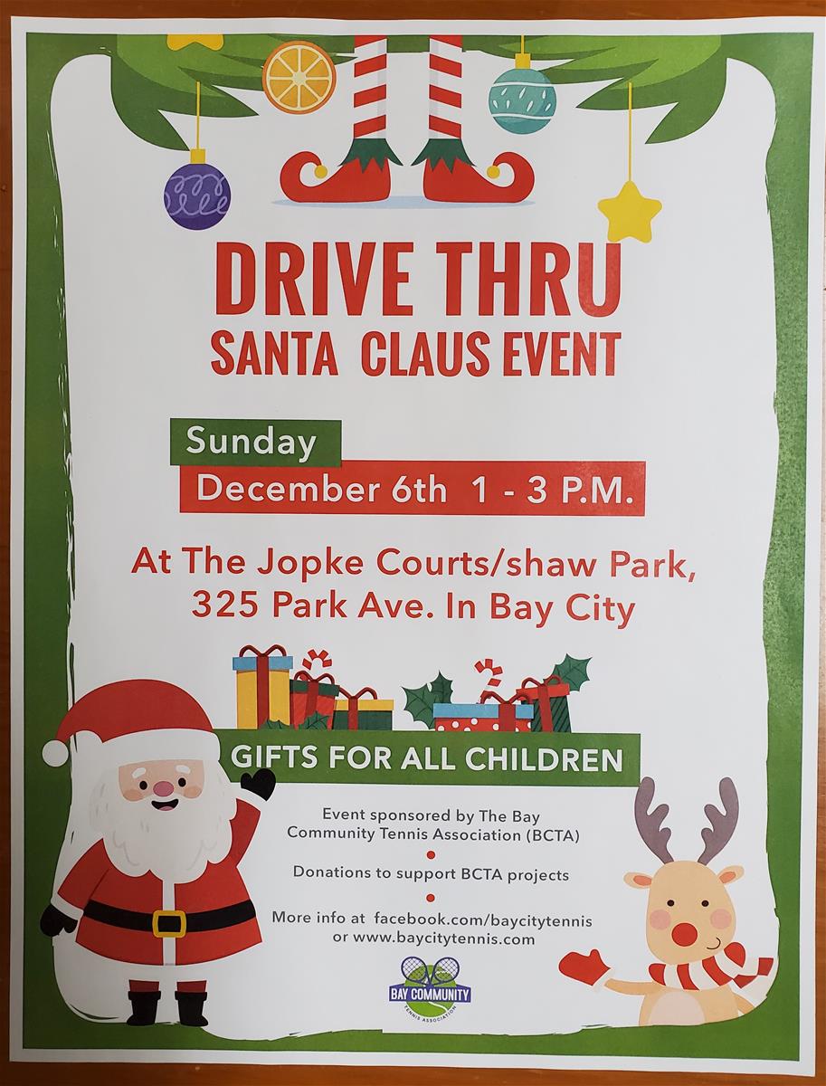 Drive-thru Santa event flyer Flyer with images of Santa, a reindeer in a scarf, and other holiday items, with text