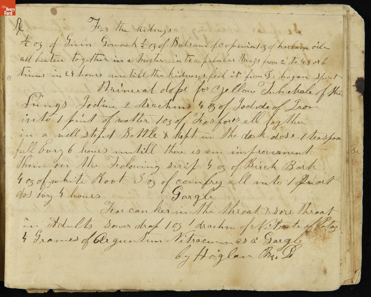 Receipt Book, Physician's Recipes, 1864-1868 / page 1 Hand-written cursive text on page