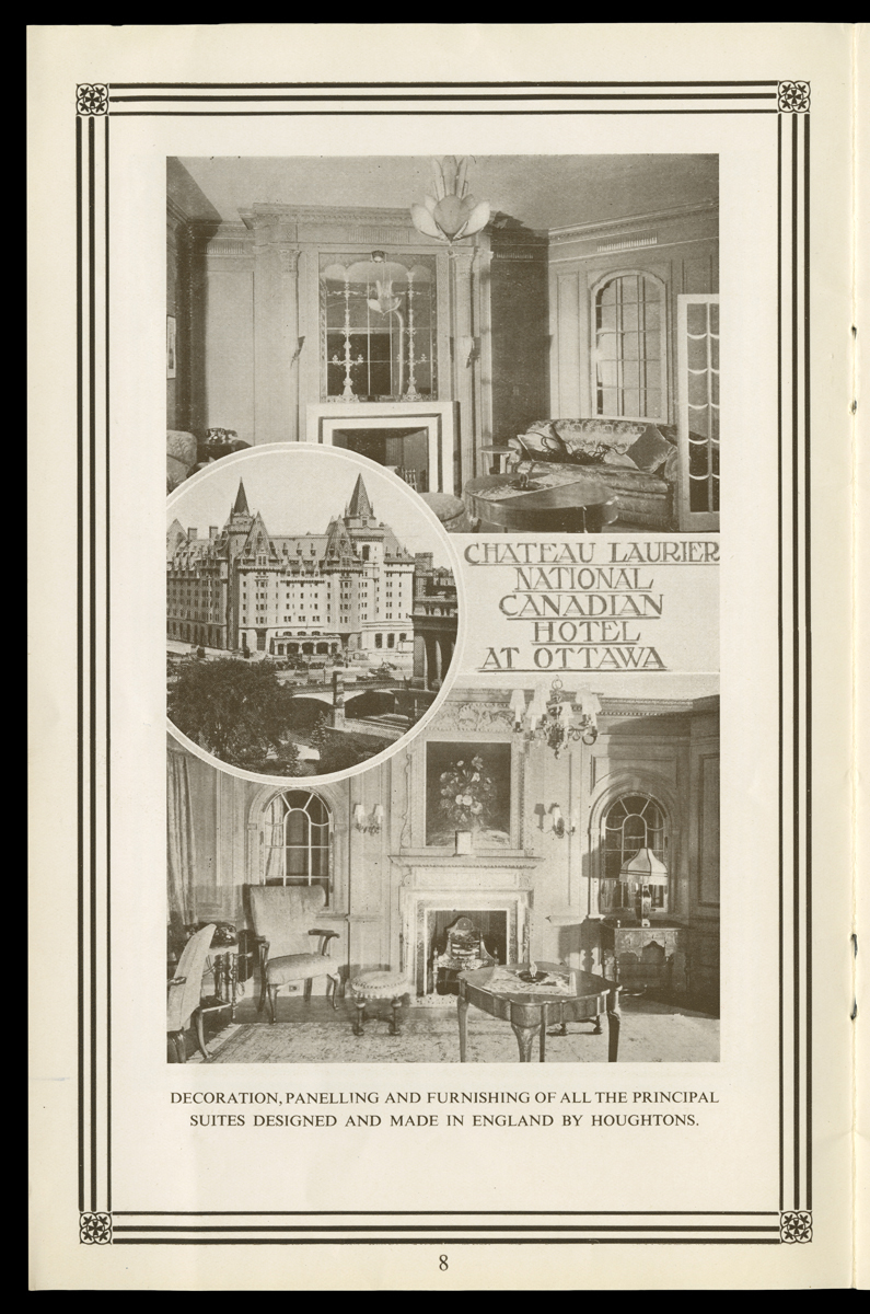 Page with text and three images: Two showing room interiors and one in a round inset showing the exterior of a building