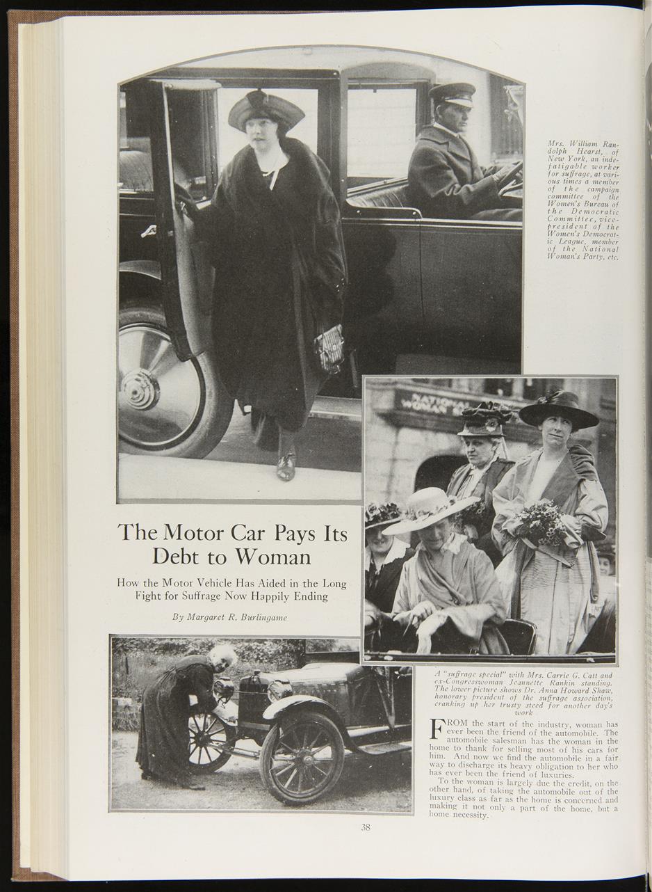 Magazine page with several images of women and cars, also text