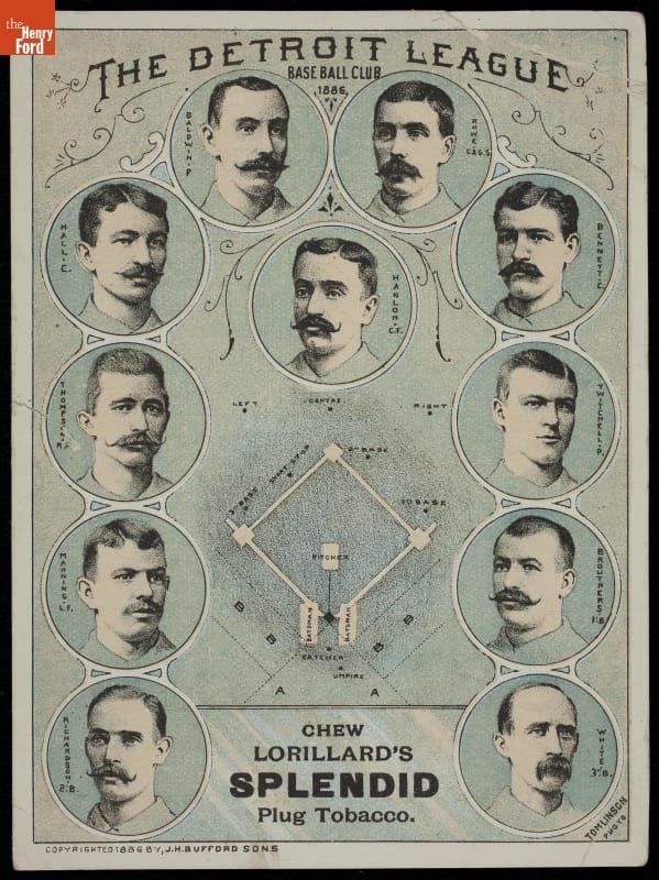 Card with portraits of 11 men, text, and image of baseball diamond