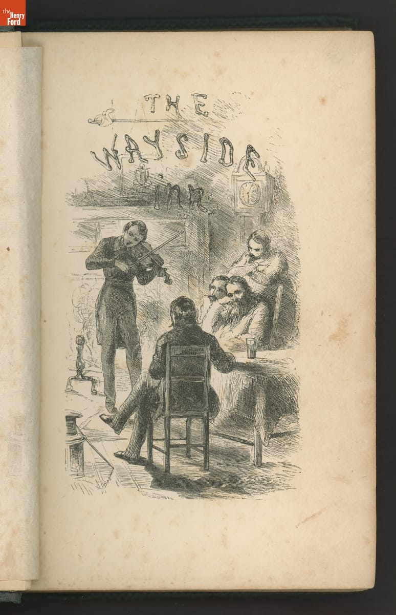 Page with text and a man playing a violin in front of a fireplace as several people around a table listen