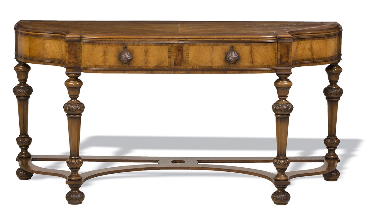 Console Table, Made 1923, Used by Henry Ford at the Ford Motor Company Engineering Laboratory Wooden console table with decorative legs and shell-shaped drawer pulls