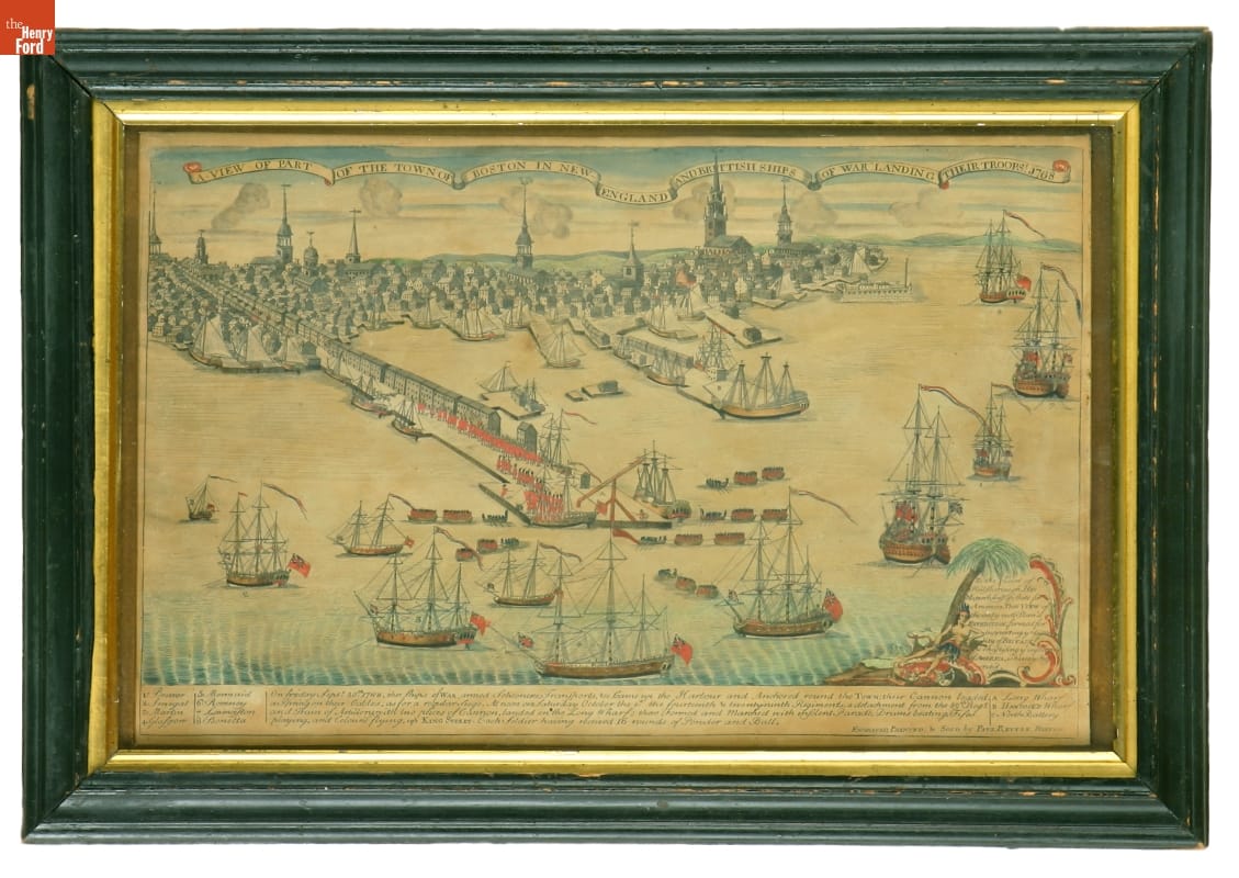 Engraving, "A View of Part of the Town of Boston in New-England and British Ships of War Landing their Troops!," 1768 Framed print of ships in water near docks in a town or city