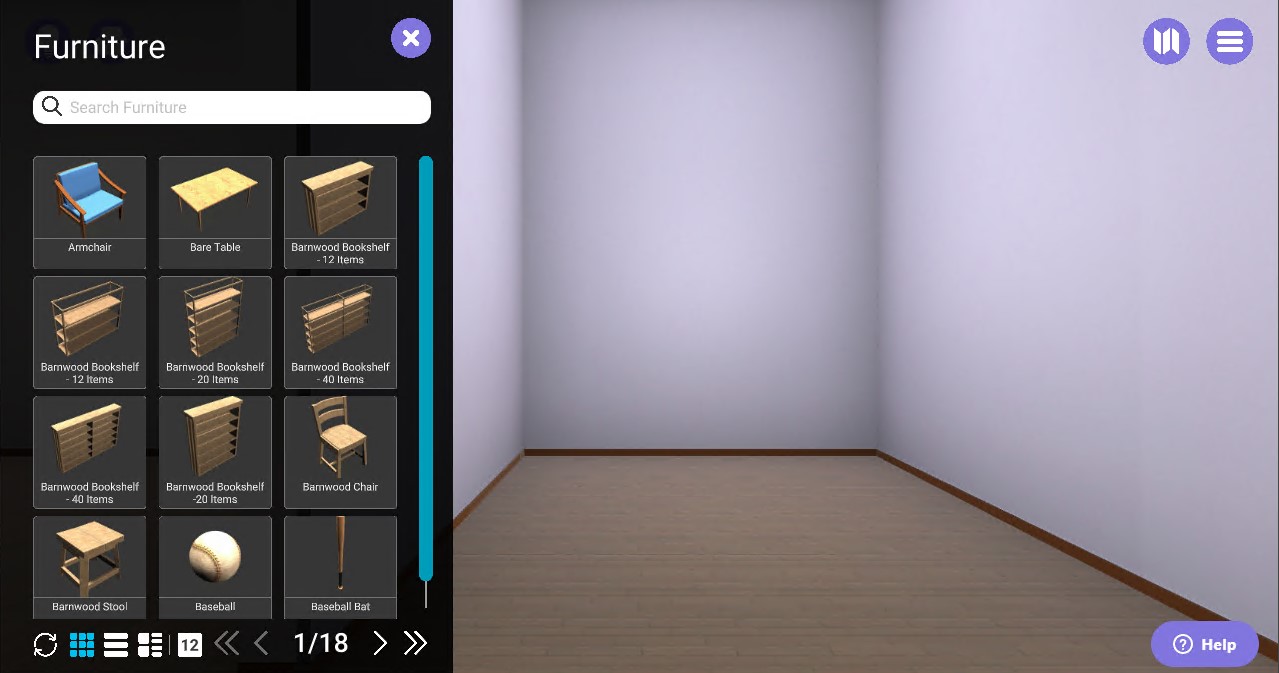 Empty virtual room on right; "furniture" panel on left with chair and shelf options
