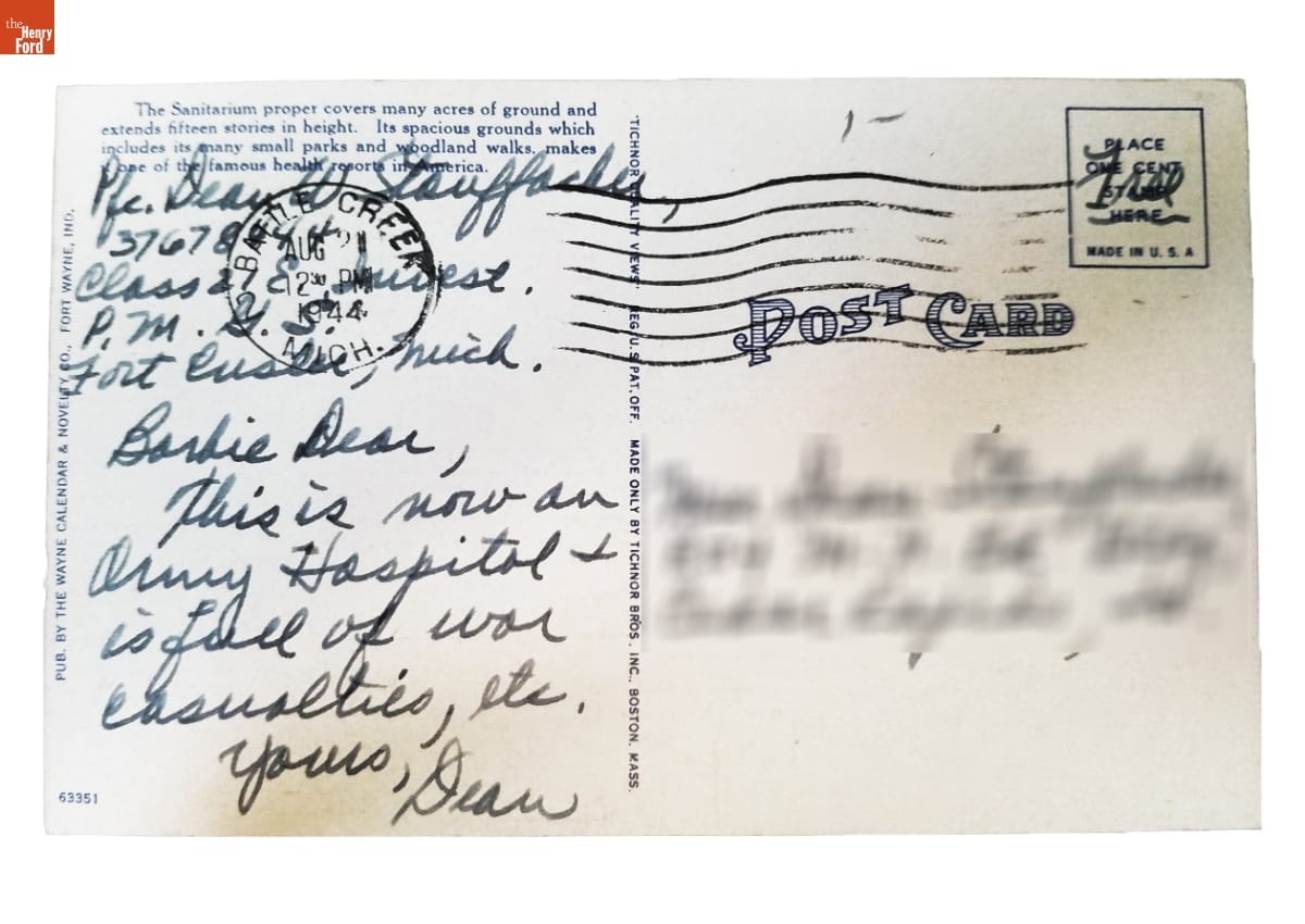 Percy Jones General Hospital Postcard, Sent Home from Fort Custer Military Training Base, August 12, 1944 / back Postcard with printed text and handwritten note; blurred addressee