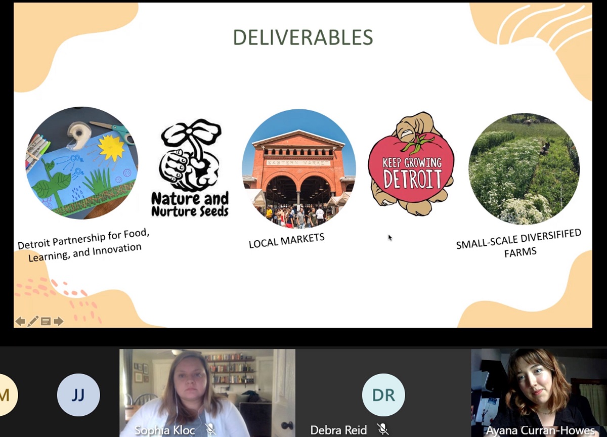 Screenshot with slide with text and images above, and virtual-meeting profile photos of two people, plus others with initials only, below