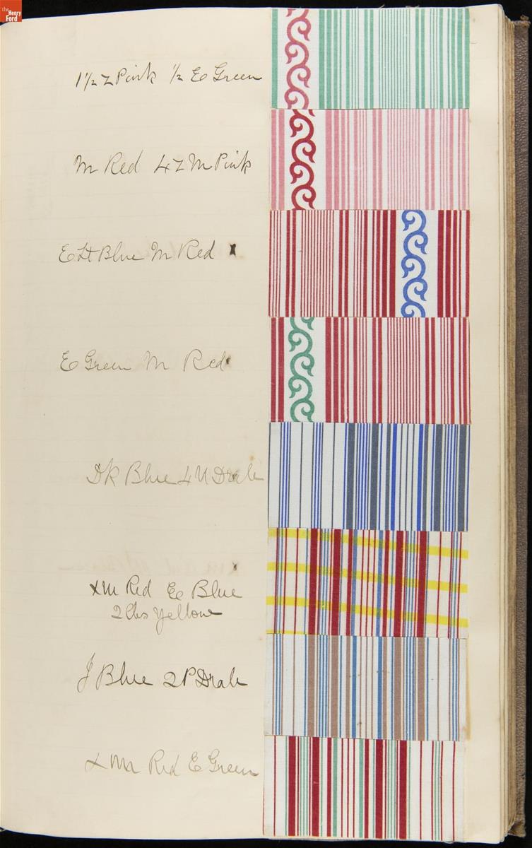 Page with handwritten text on left side and textile sample swatches on right side