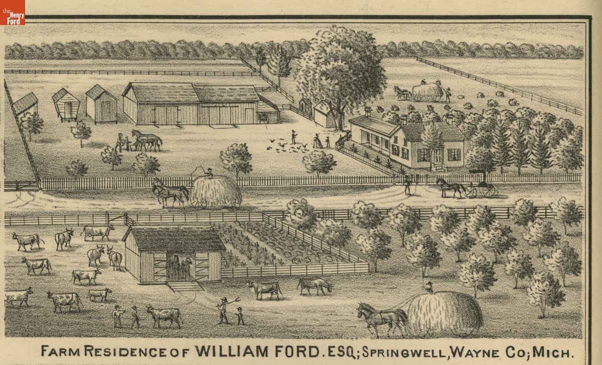 Print of aerial view of farm property, with house, outbuildings, fields, trees, cows and horses, and people