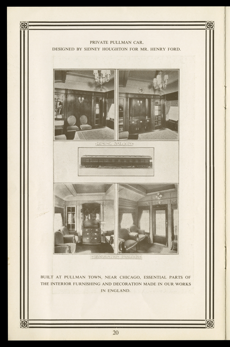 Houghton Studio Catalog, "Houghtons...Design & Manufacture of Decoration, Furniture, Etc.," 1925-1928 / page 20 Page with text, image of rail car, and four interior room shots