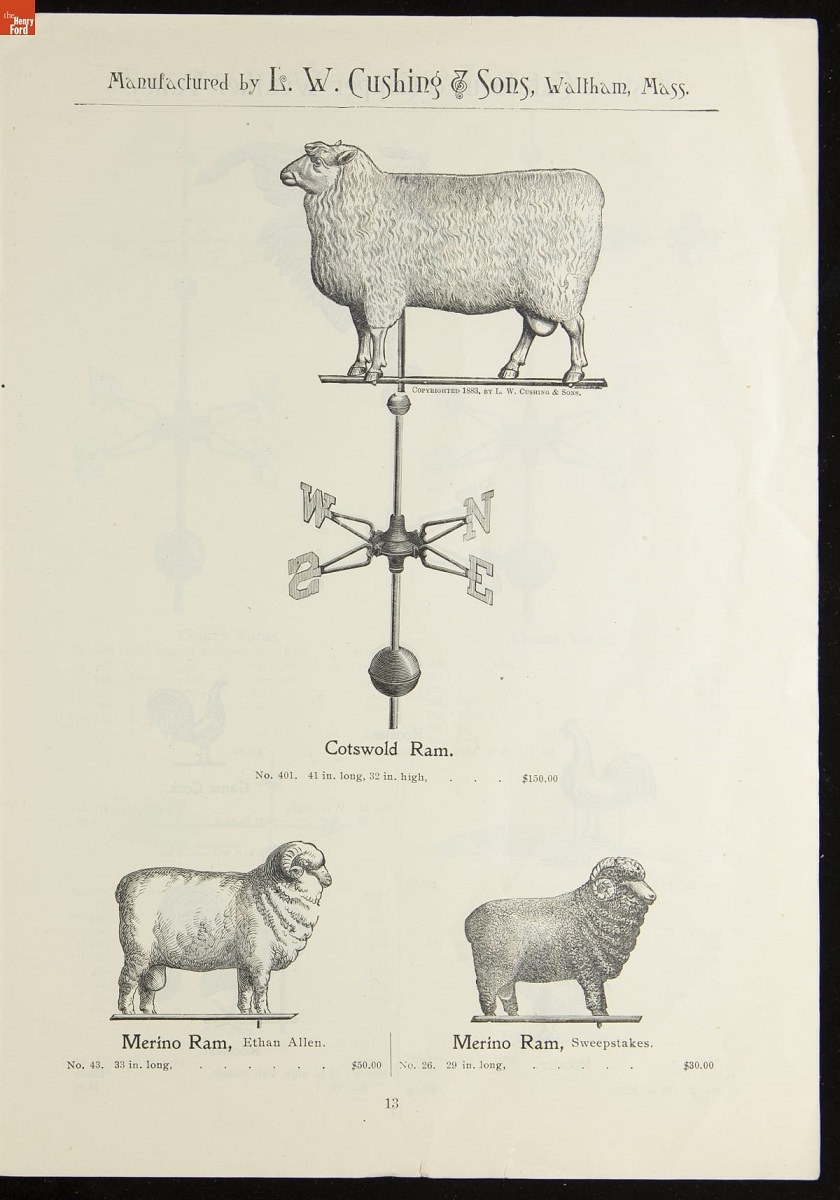 Catalogue of Weather Vanes Manufactured by L.W. Cushing and Sons, 1883 / page 11 Several drawings of weathervanes featuring different sheep varieties; also contains text