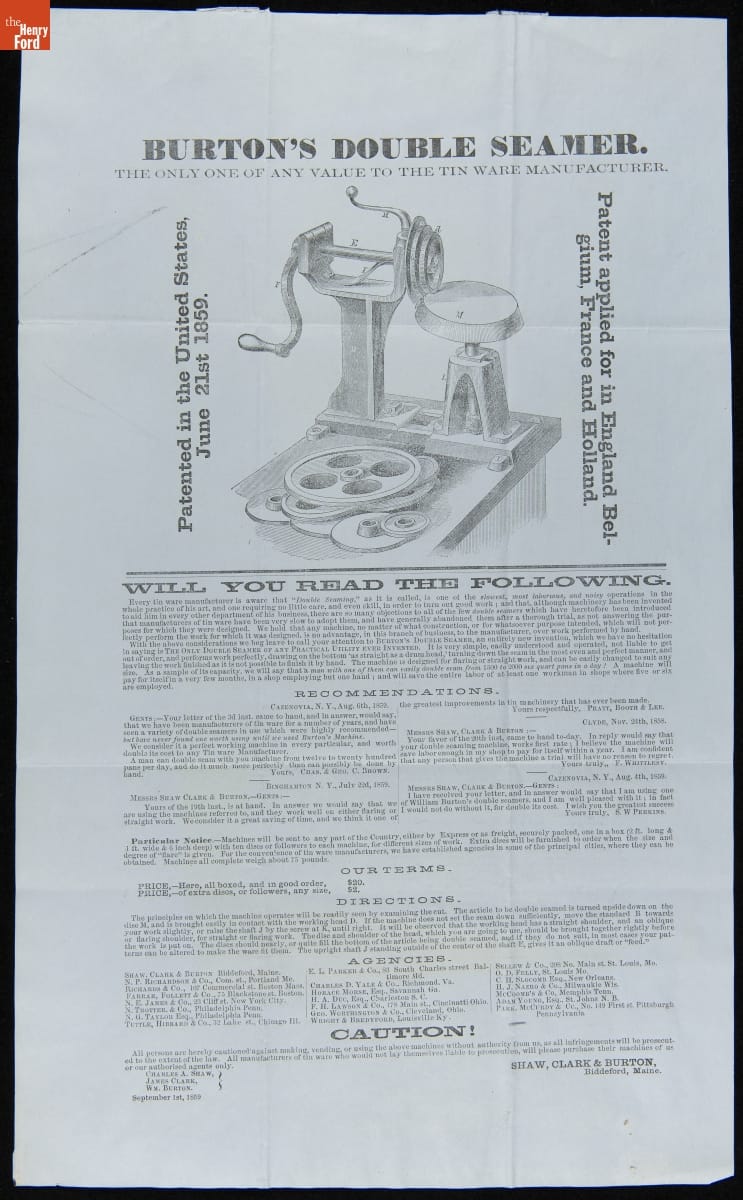 Shaw, Clark & Burton Trade Literature, "Burton's Double Seamer," September 1, 1859