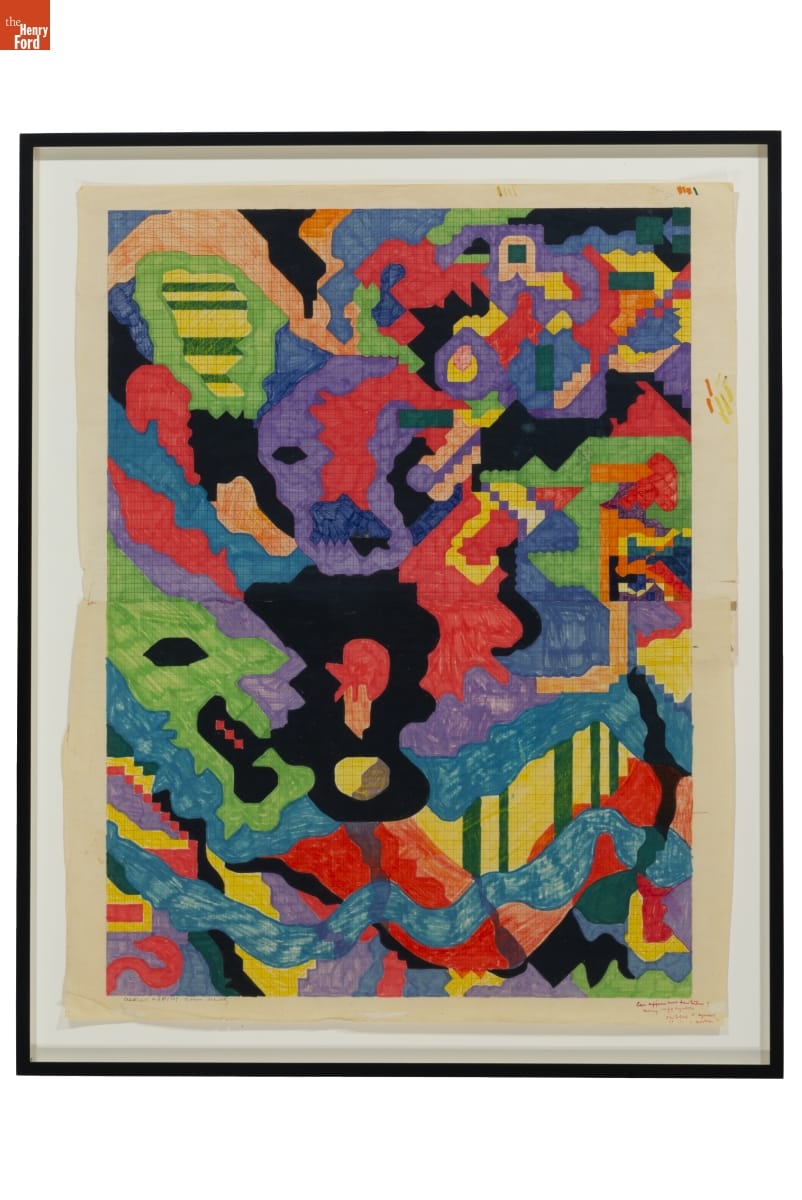 "Abstract #8" by Lillian F. Schwartz, 1969 Framed abstract painting with colorful organic shapes