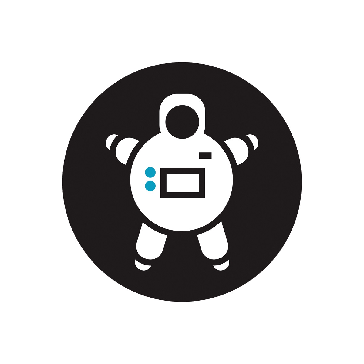 Circular graphic with rotund spacesuit on black background
